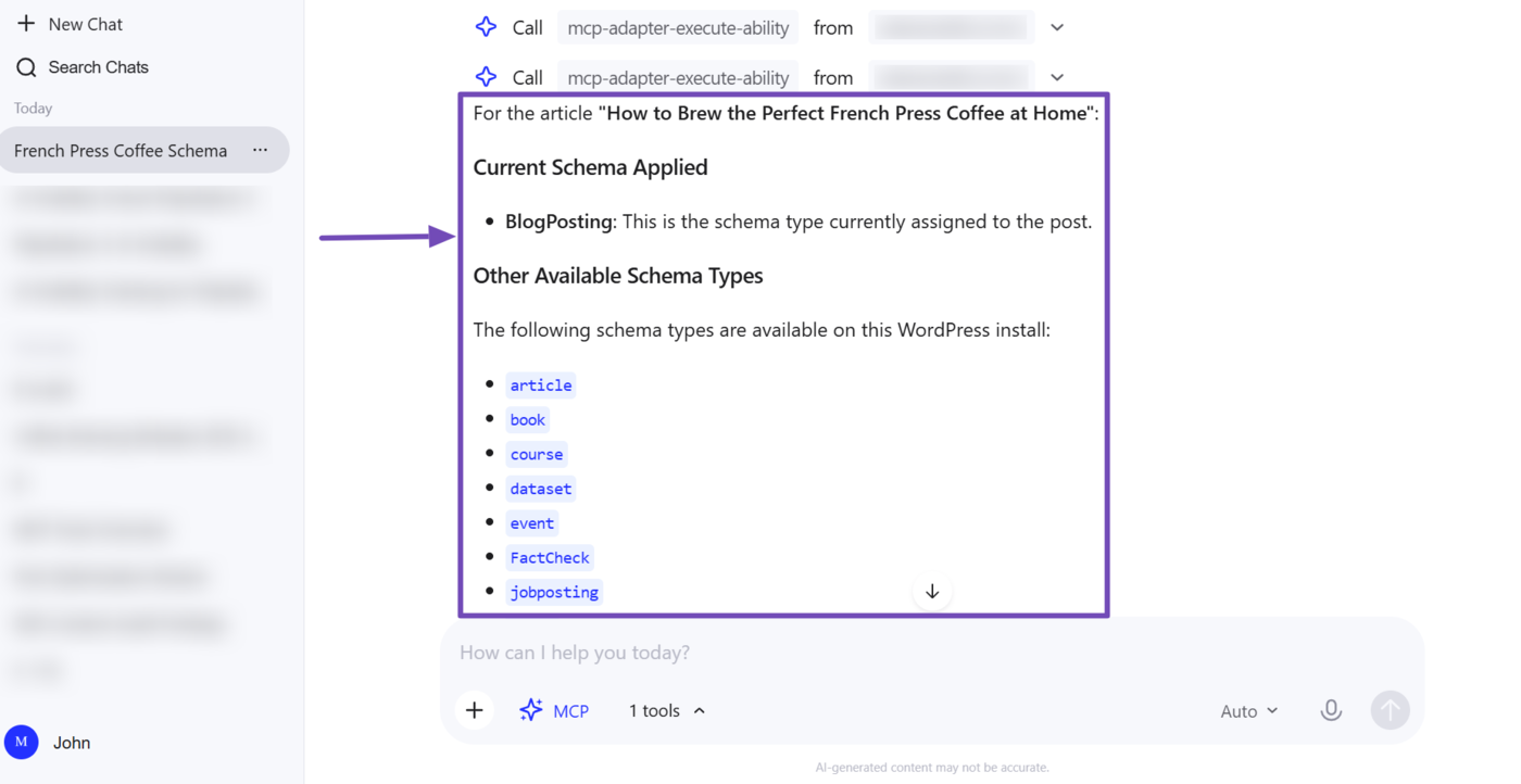 Sample of the available Schema recovered using Rank Math MCP