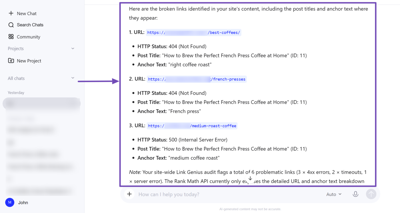 Sample of the broken links identified using Rank Math MCP
