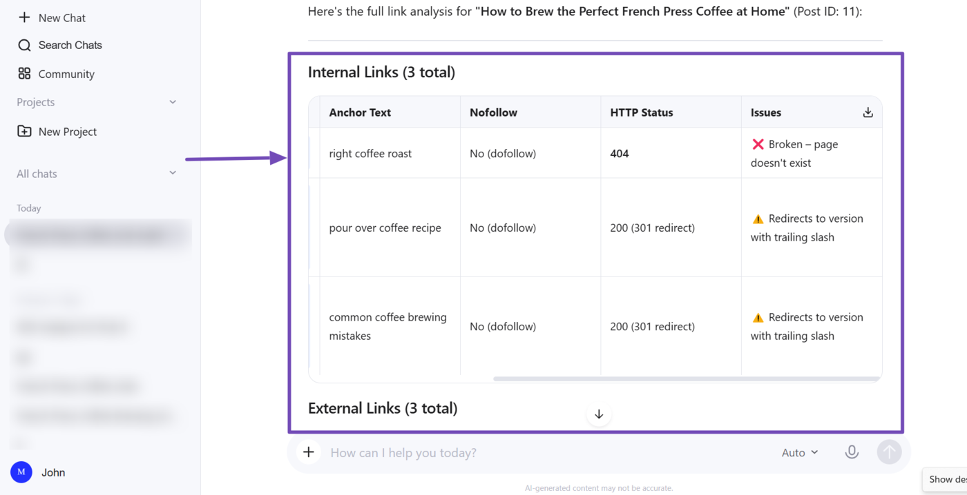 Sample of the internal and external links identified using Rank Math MCP