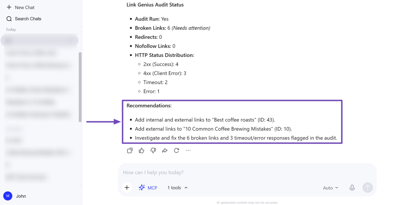 Sample of the link improvement recommendations suggested using Rank Math MCP