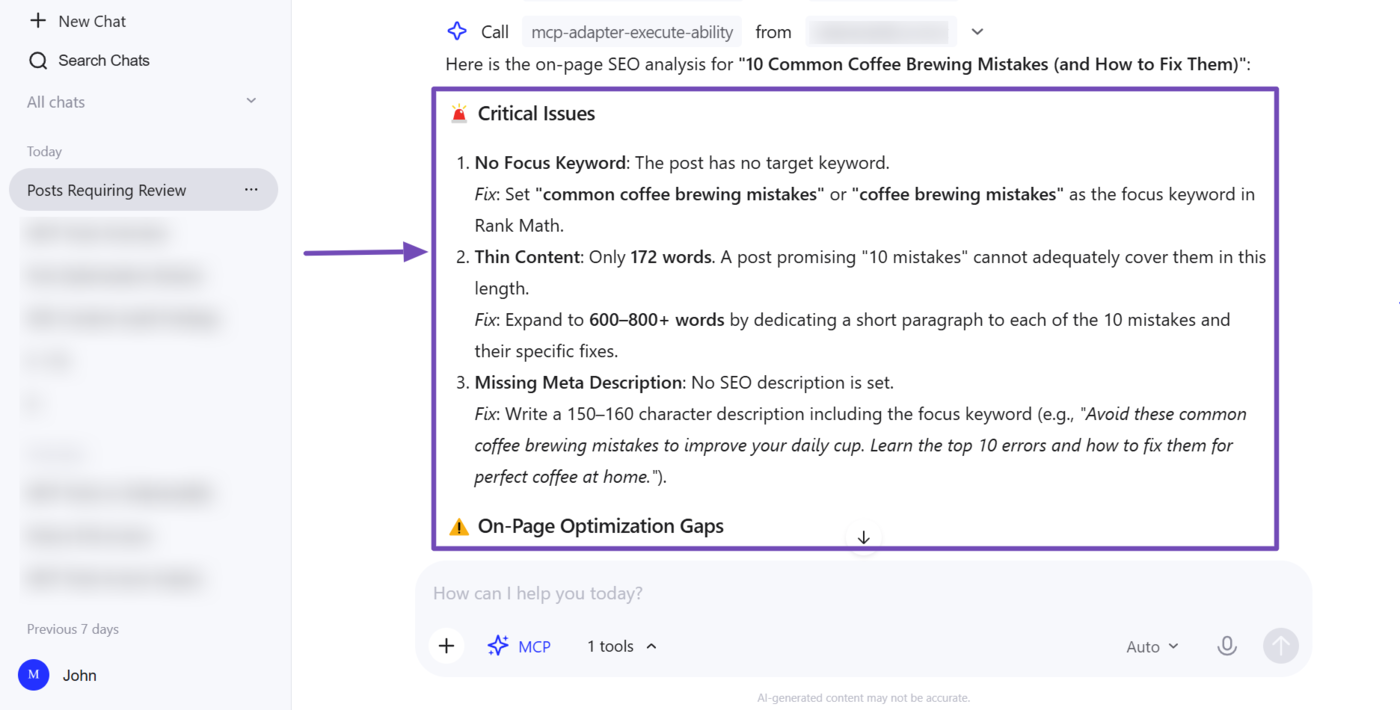 Sample of the on-page SEO issues diagnosed on a post