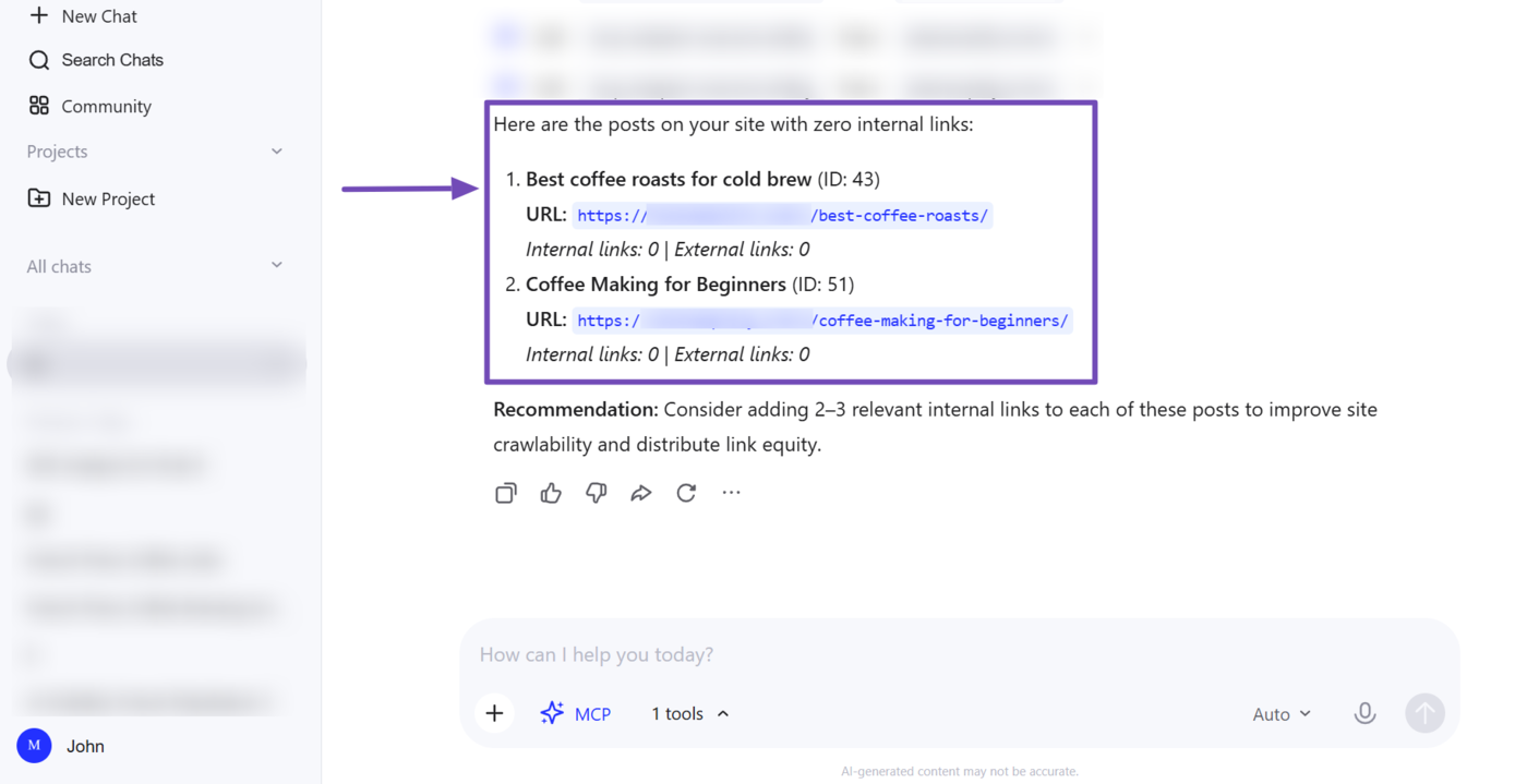 Sample of the posts with zero internal links identified using Rank Math MCP
