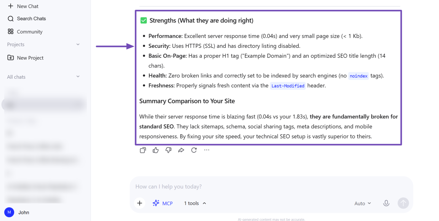 Sample of your competitor's strength identified using Rank Math MCP
