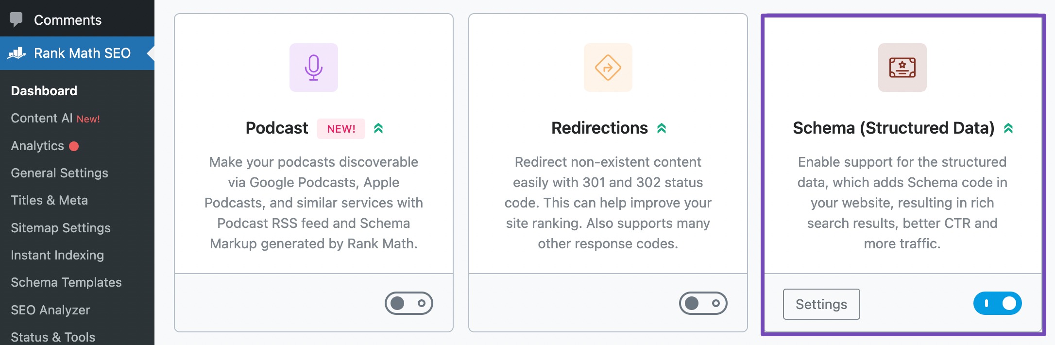 Enable Schema module in Rank Math Schema markup plugin