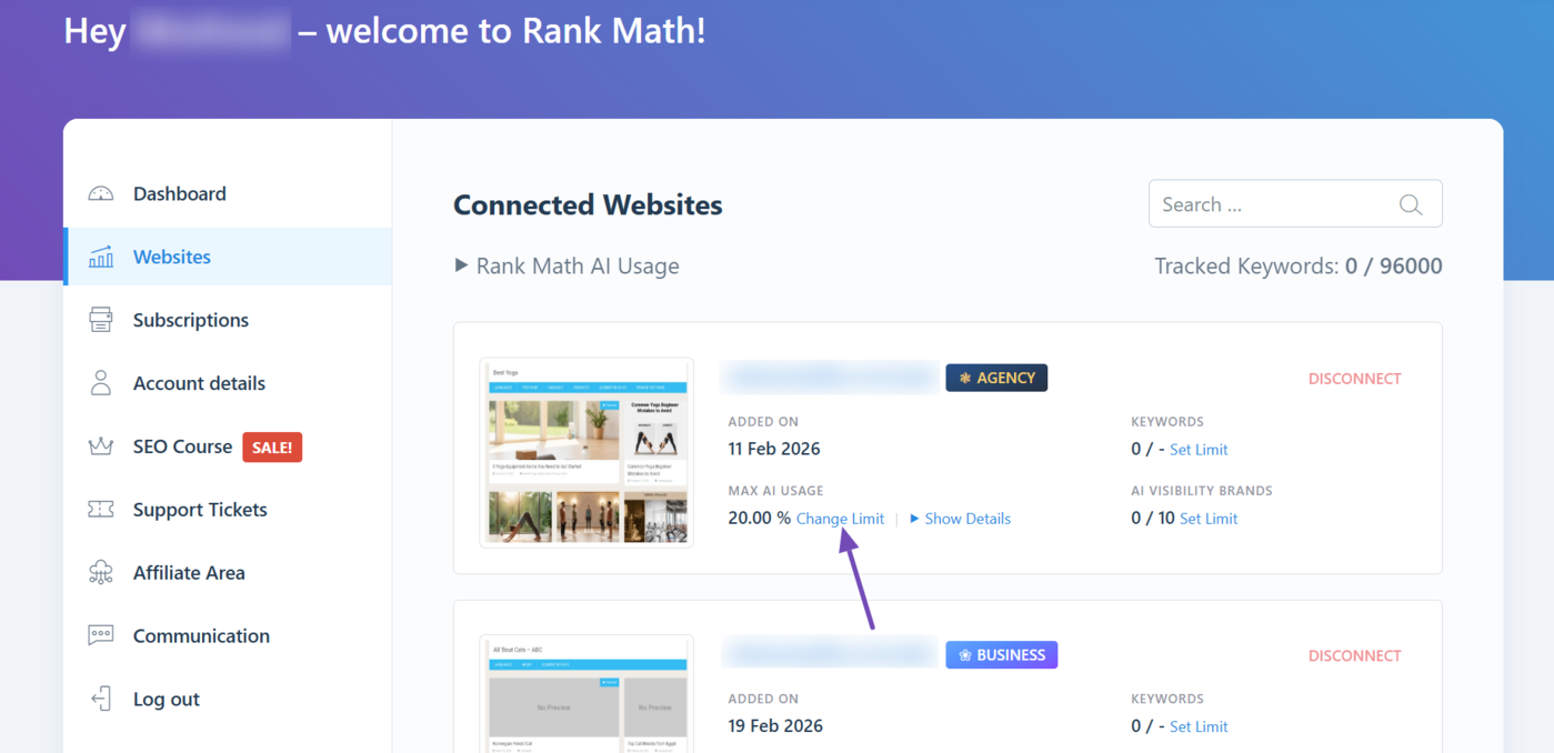 Click Change Limit to set a website's Max AI Usage