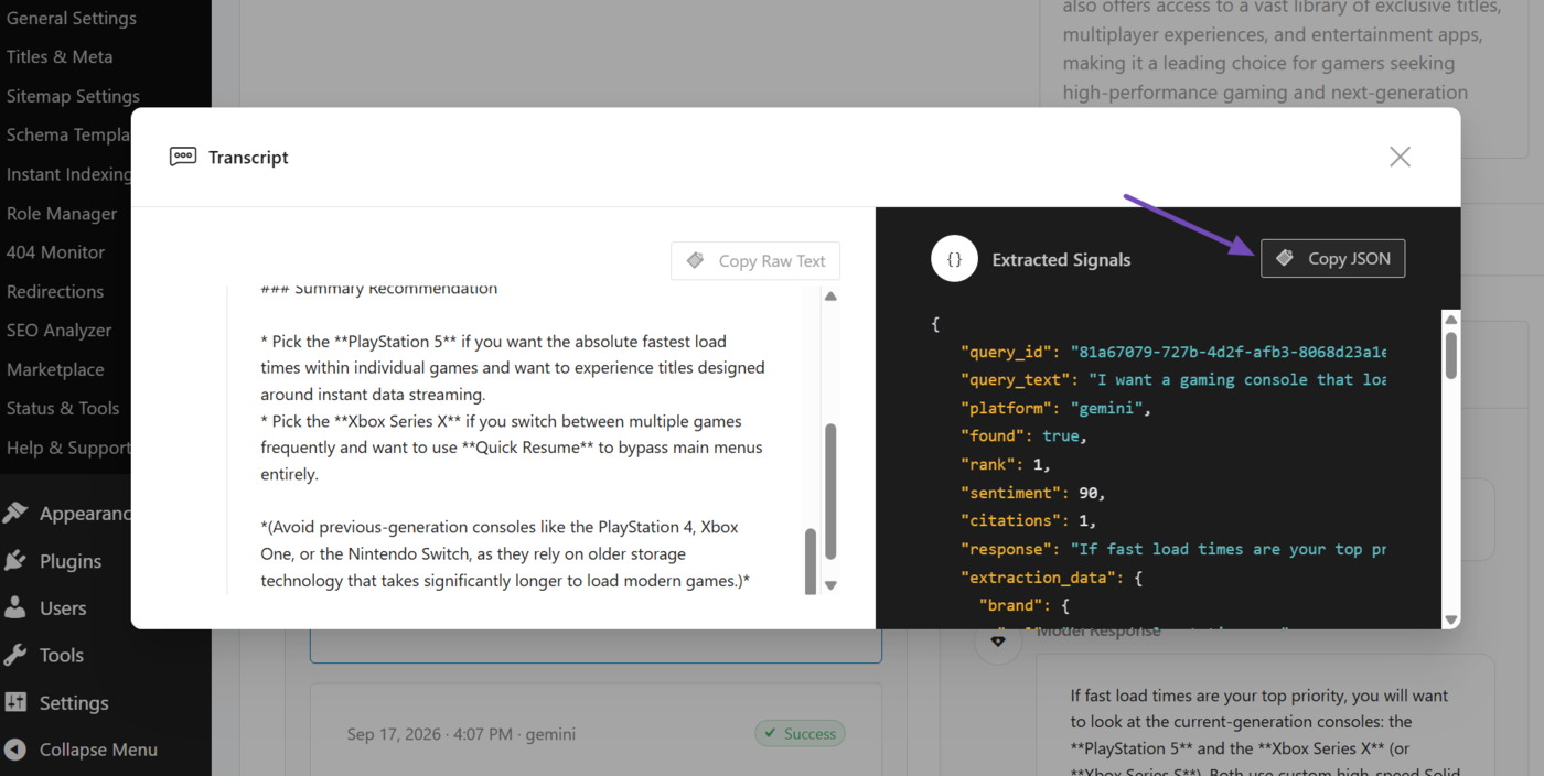 Click Copy JSON to copy the report in JSON format