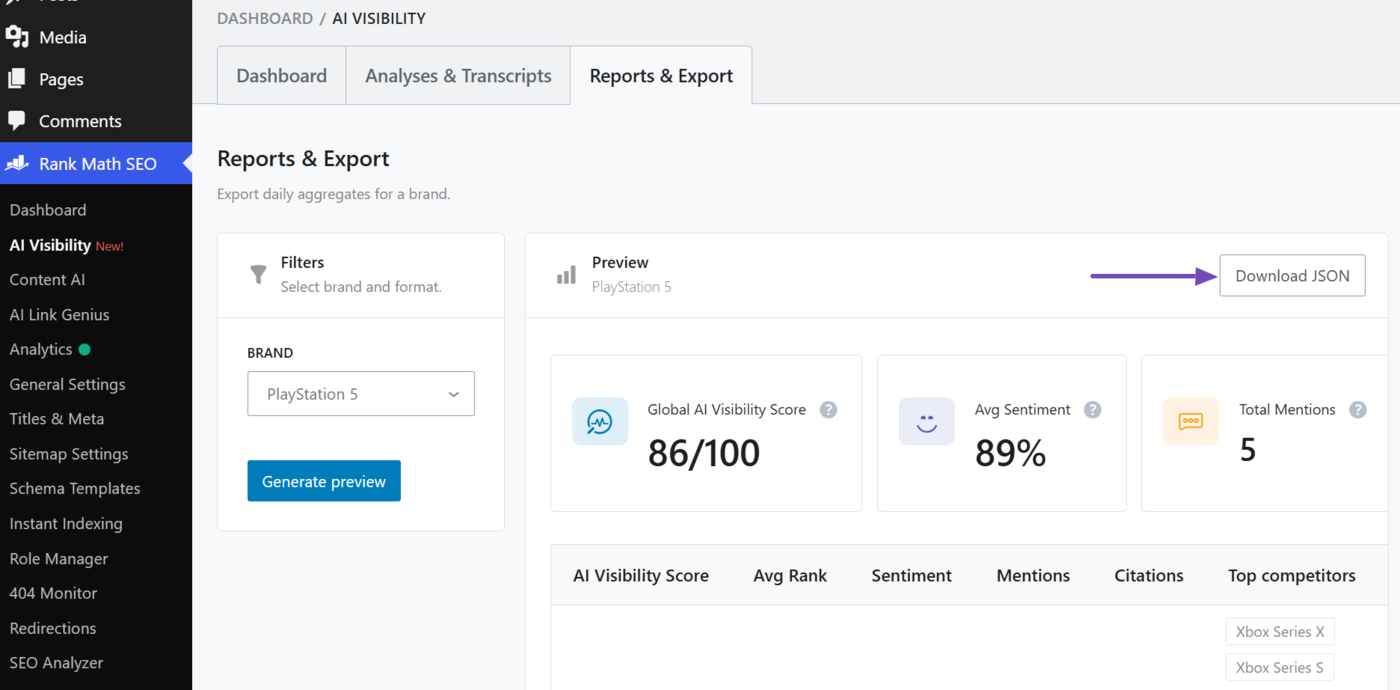 Click Download JSON to download the AI Visibility report