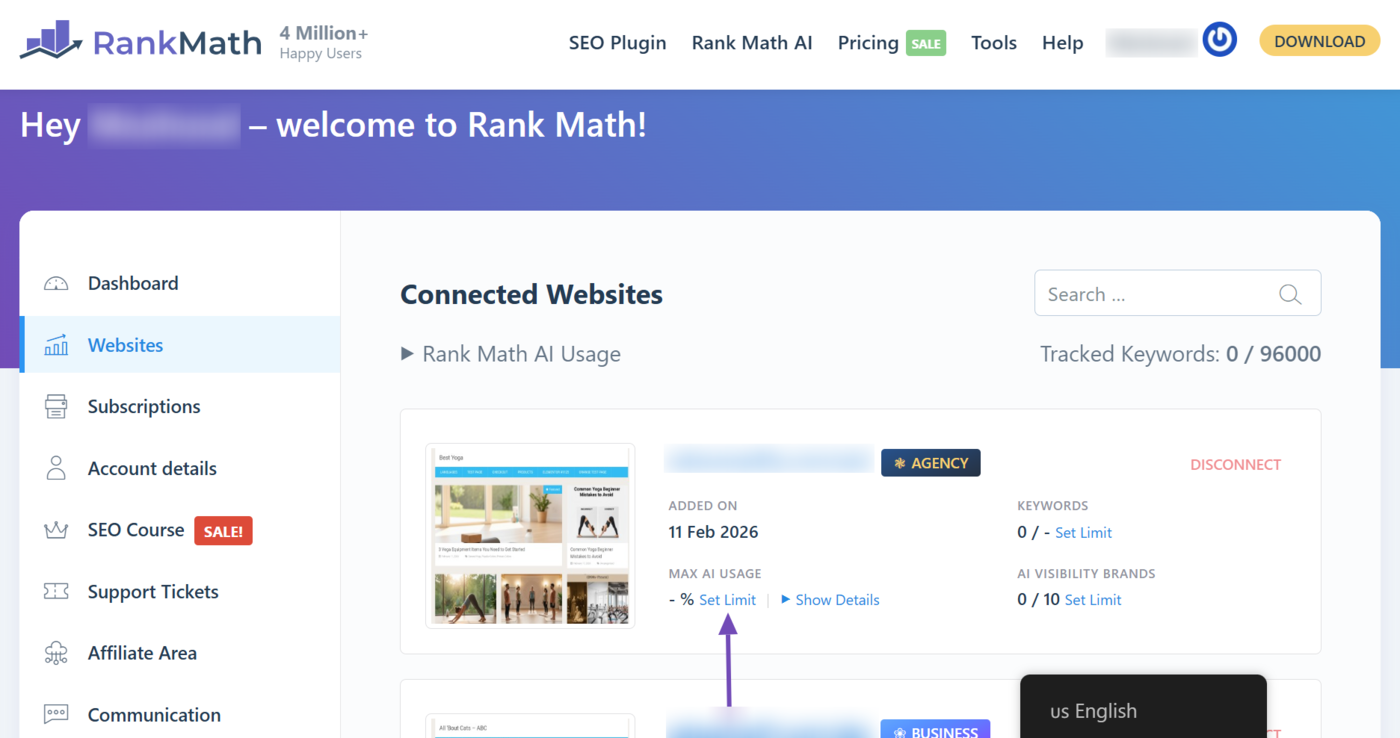 Click Set Limit to set a website's Max AI Usage