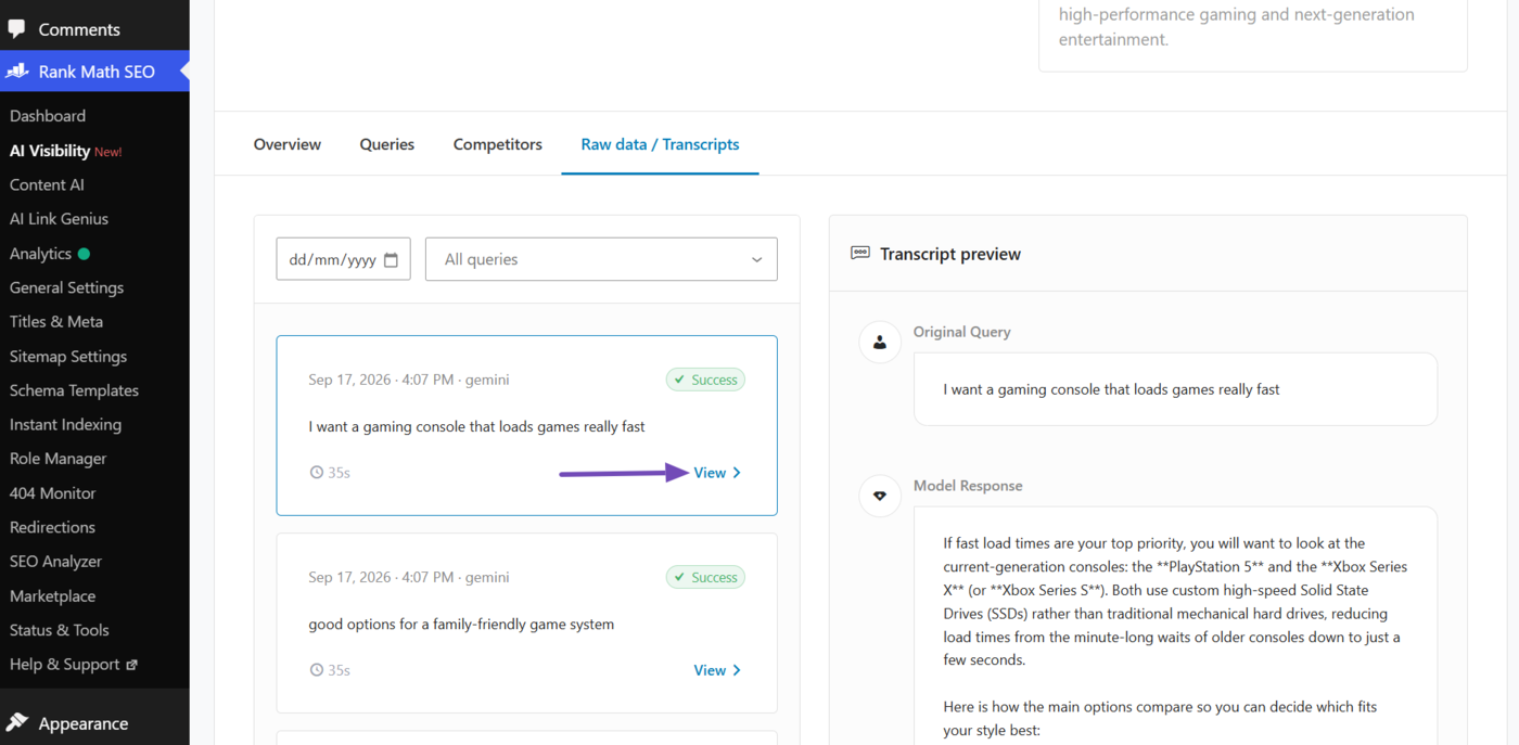 Click View to download the AI Visibility report for a specific product