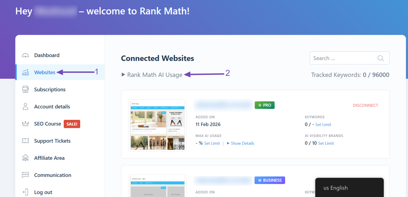 Click Websites and then Rank Math AI Usage