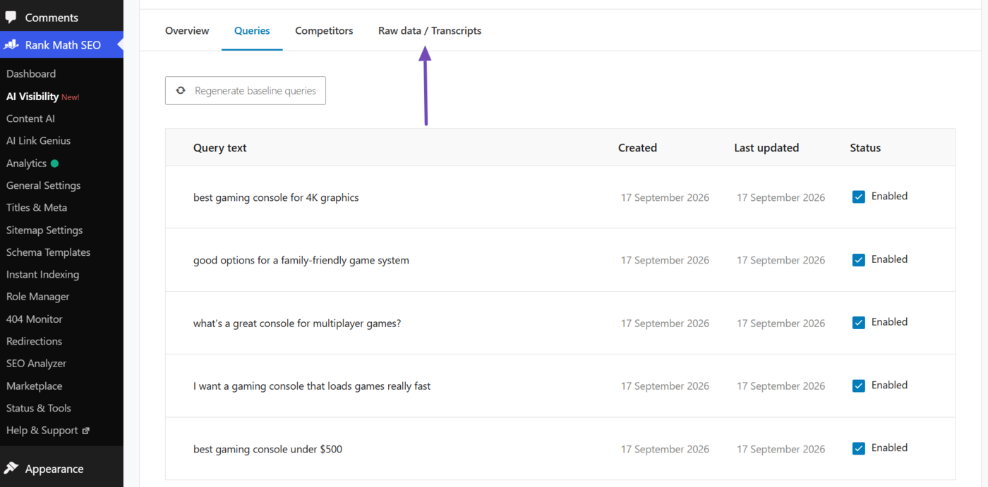 Click the Raw data/Transcripts tab to analyze Gemini responses