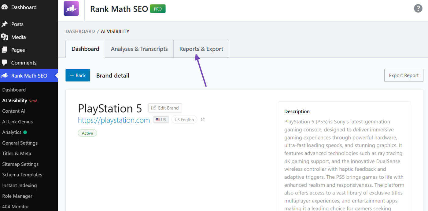 Click up and click Reports and Export