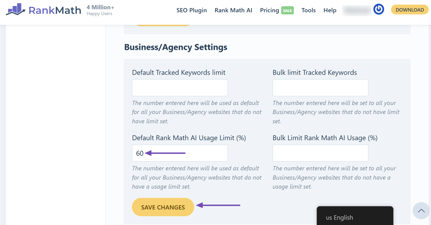 Default Rank Math AI Usage limit
