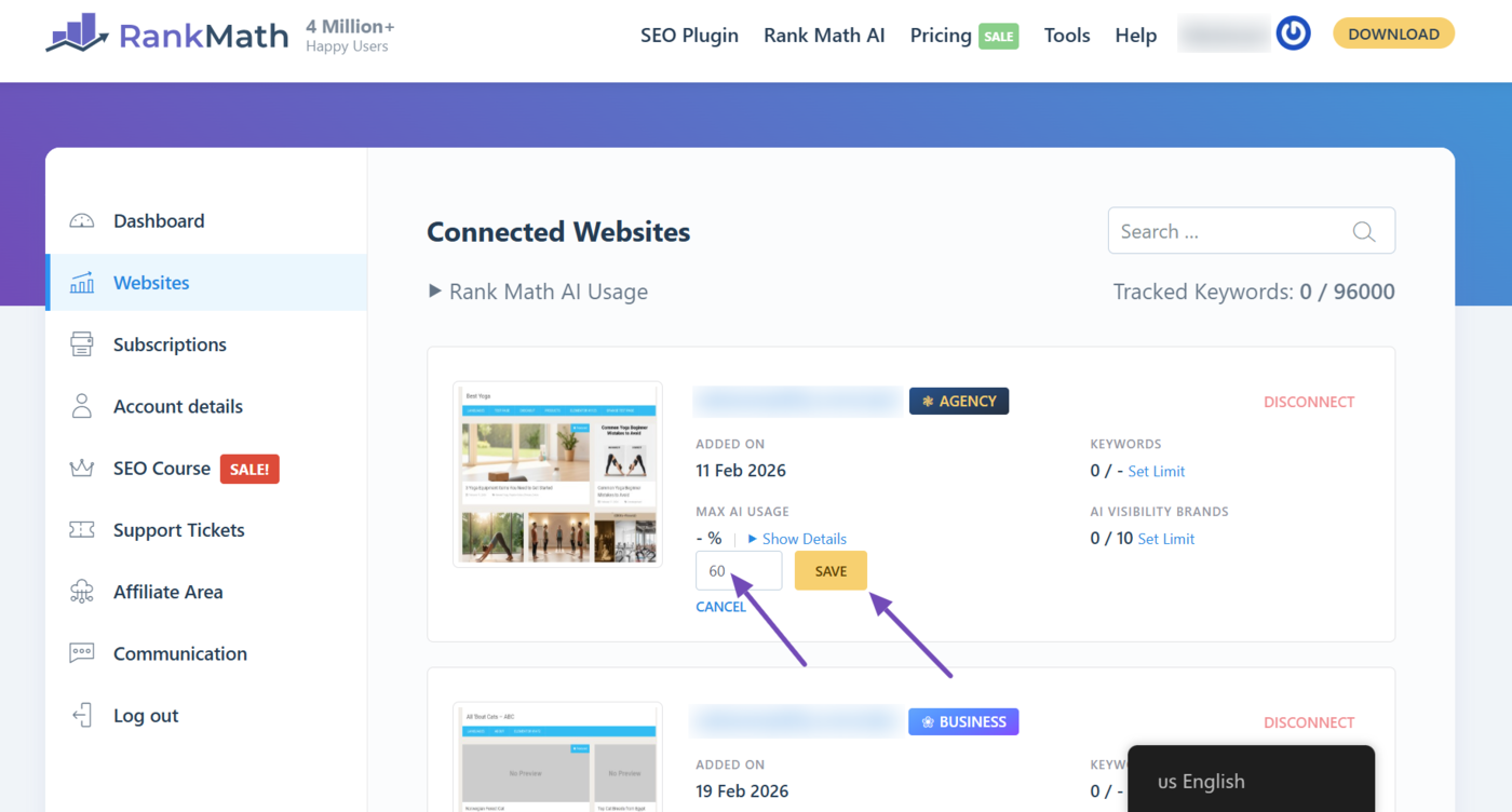 Enter a Max AI usage limit for a site