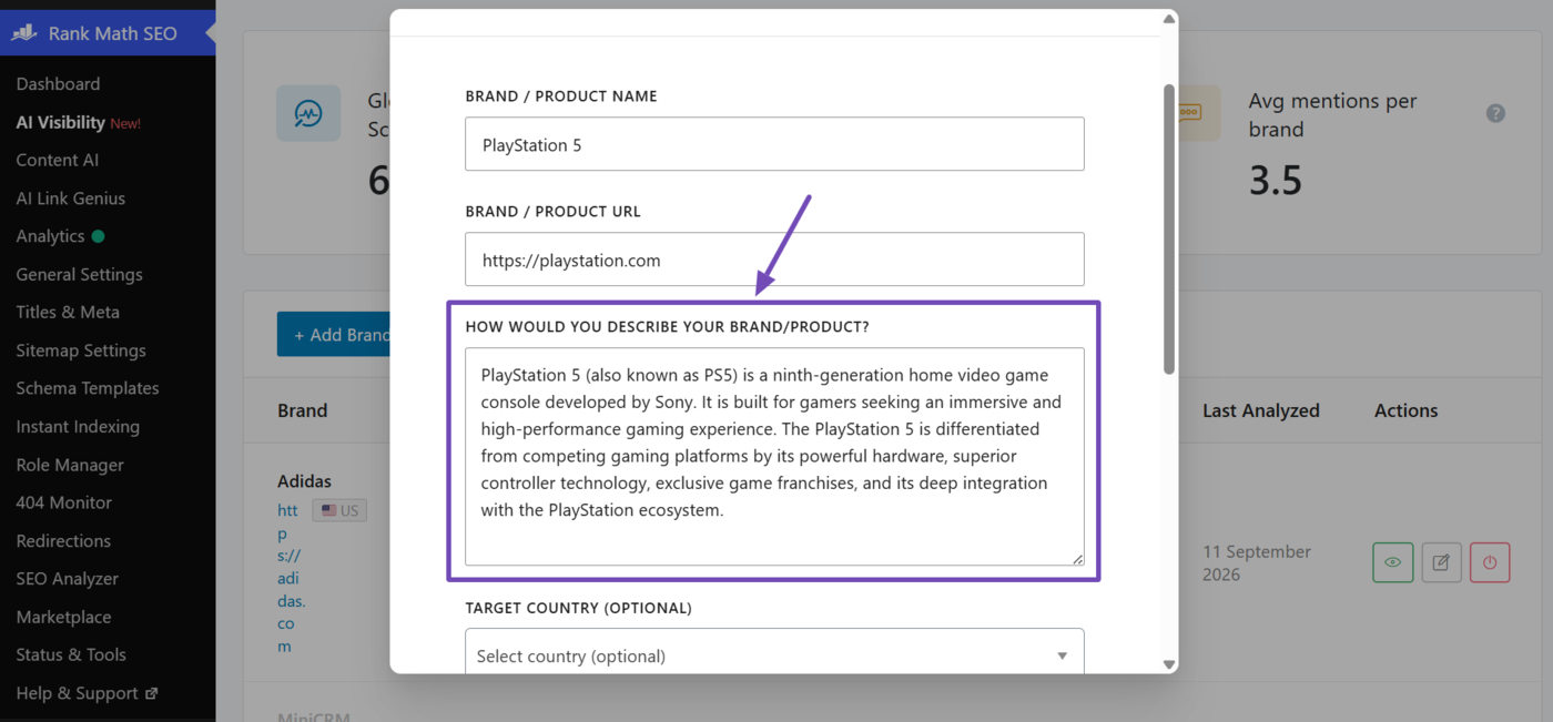 {{Enter a description into the "How would you describe your brand/product?" field