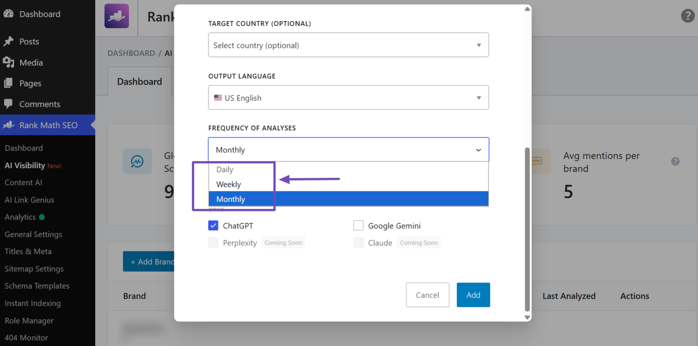 Enter how frequently you want to analyze your AI Visibility into the Frequency of Analyses field