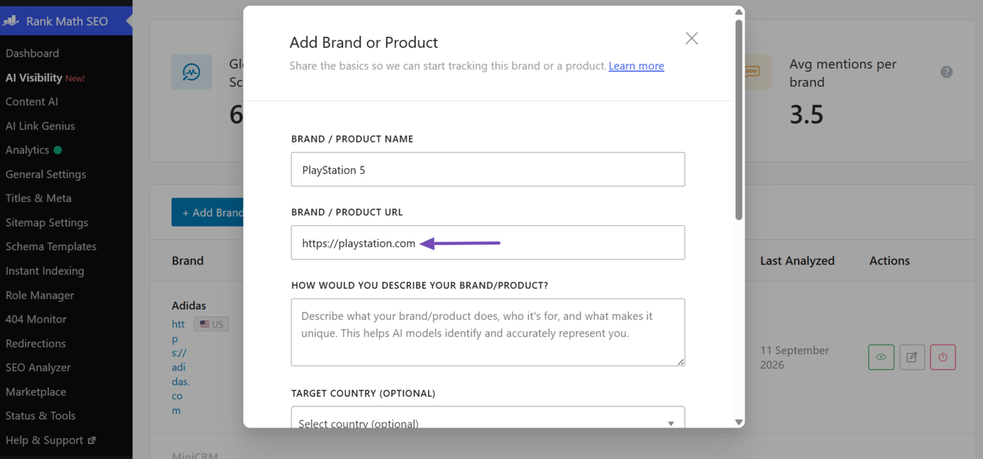 Enter the URL of the brand or product into the Brand or Product URL field