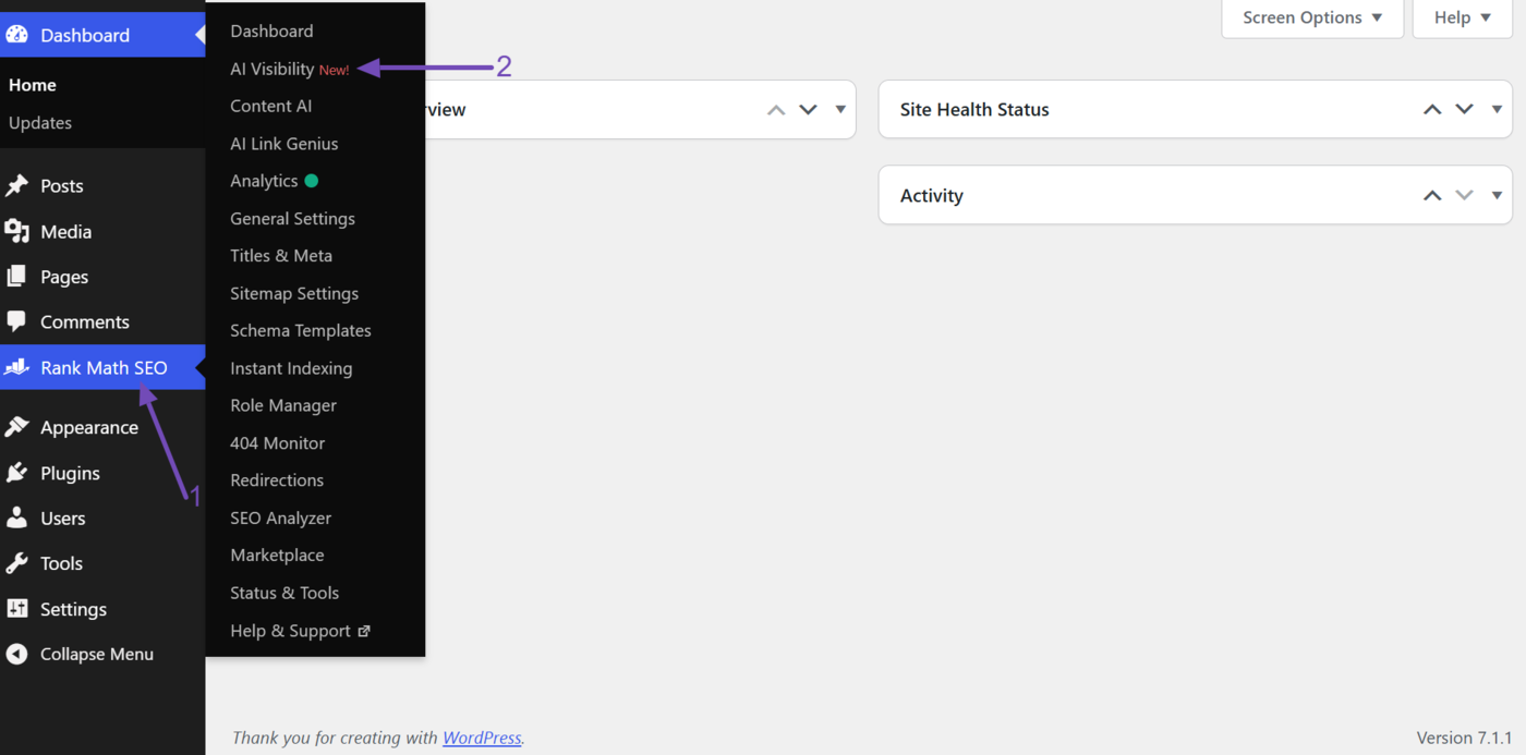 Head to AI Visibility in Rank Math SEO