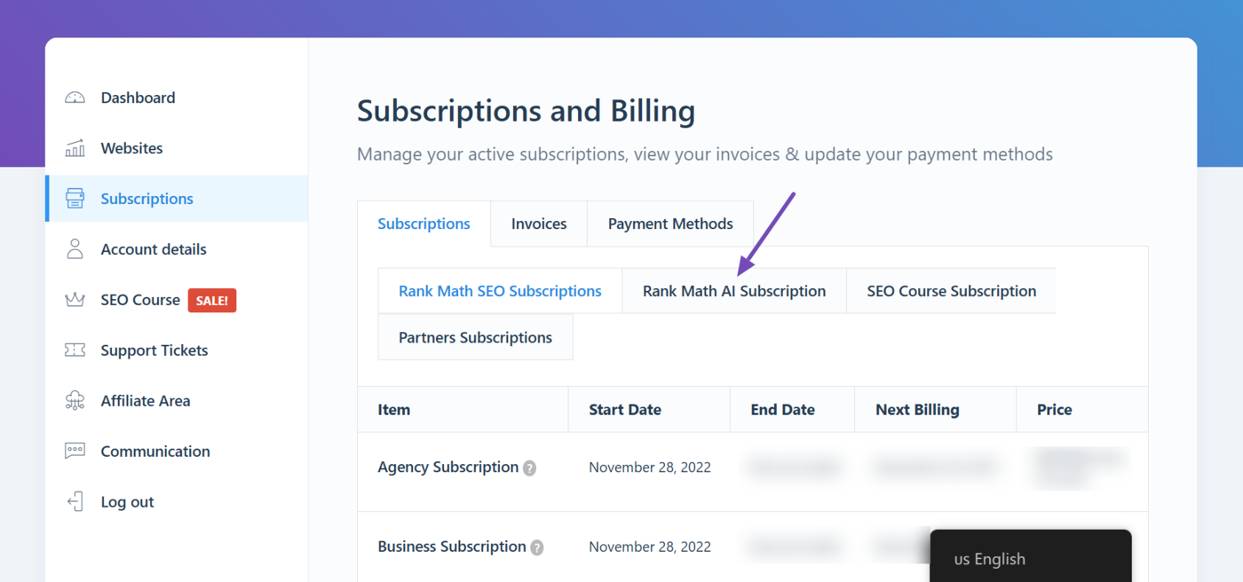 Open the Rank Math AI Subscription tab
