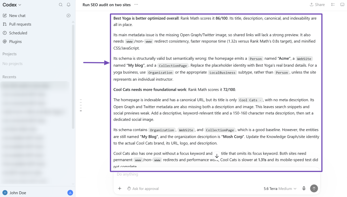 Overview of SEO and Schema identified on specific webpages