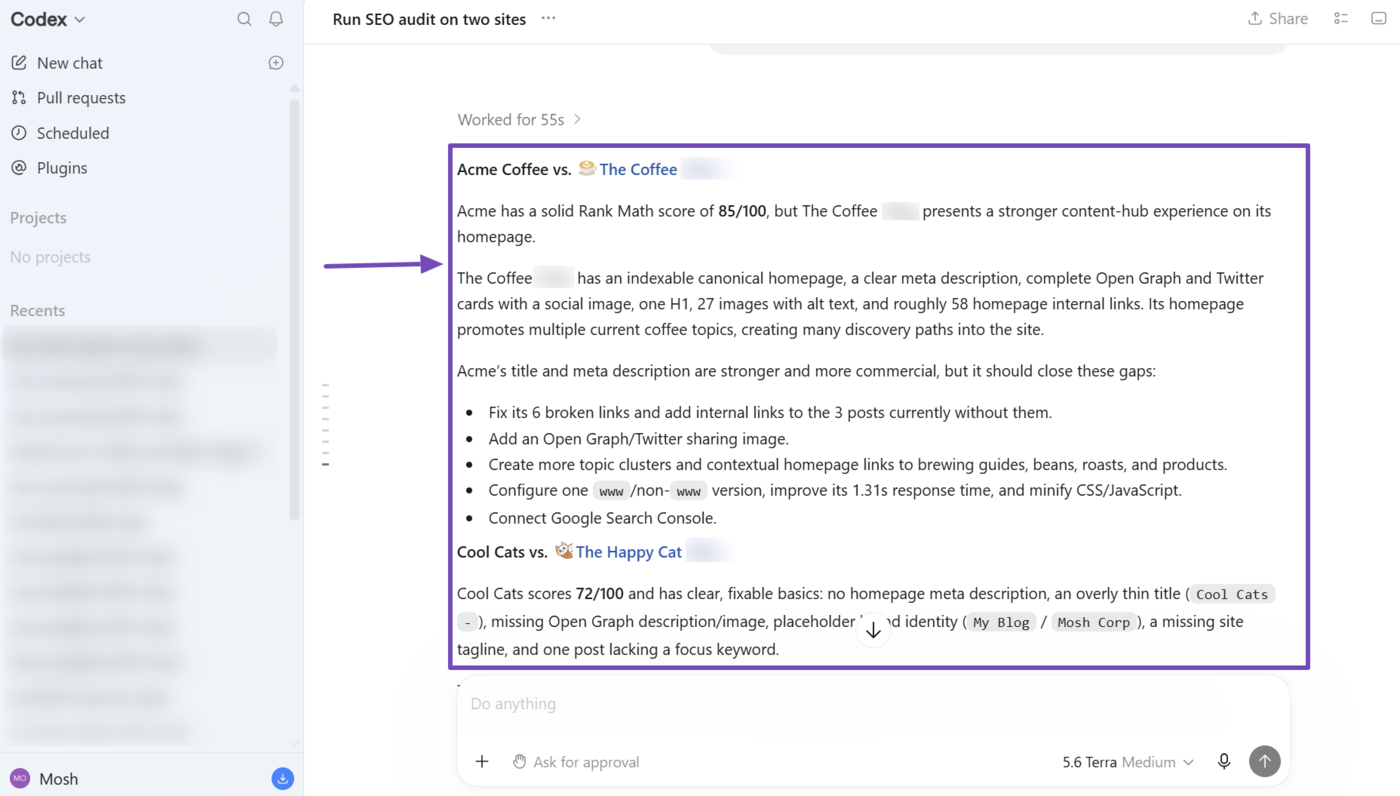 Overview of a competitor analysis conducted using Rank Math