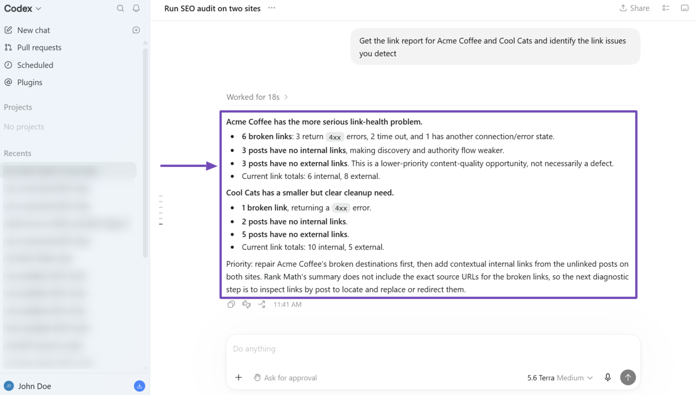Overview of a link report generated by Rank Math