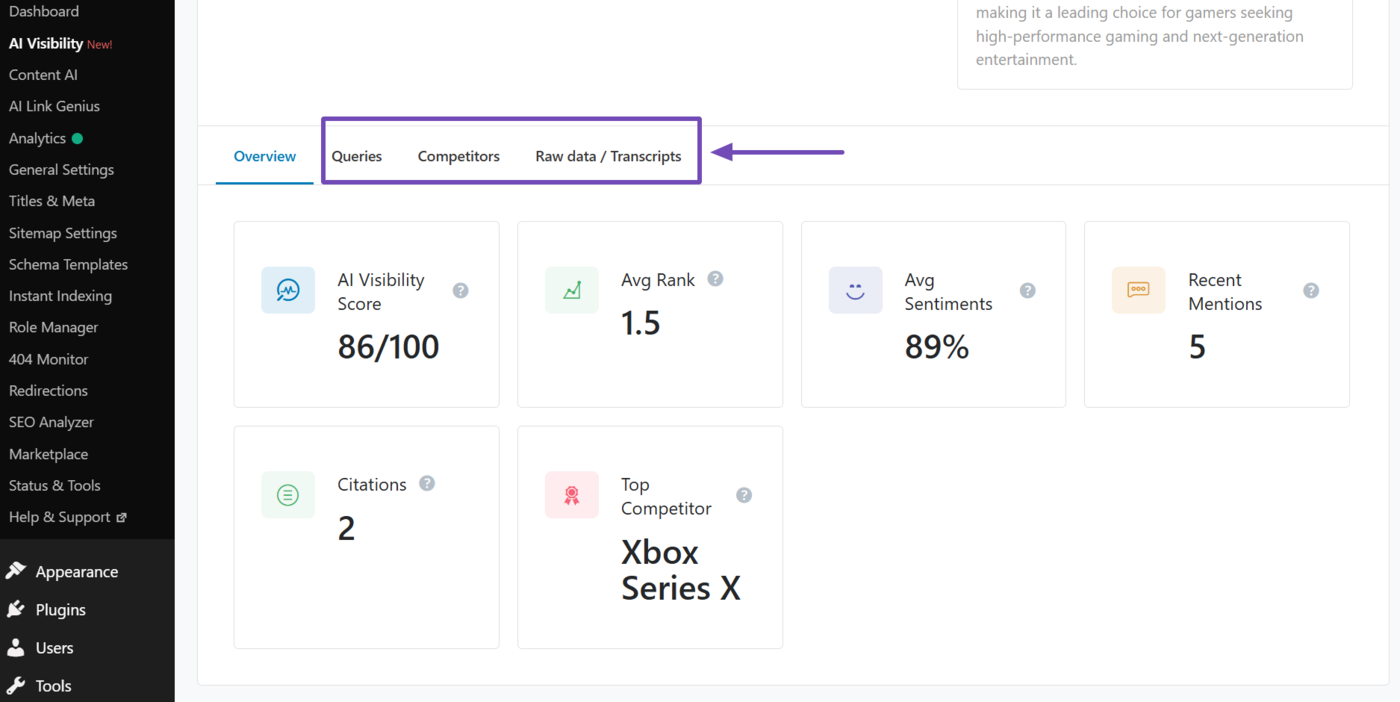 Overview of the AI Visibility analysis options