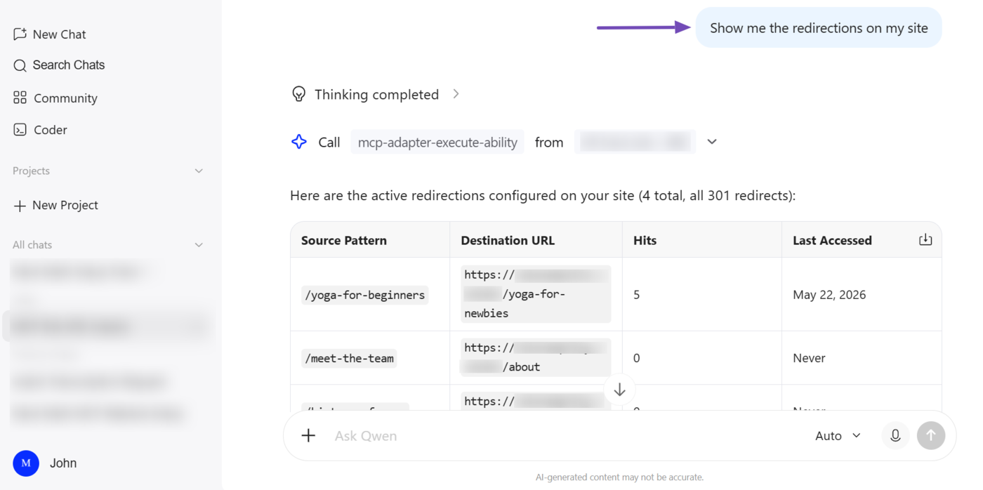 Overview of the Get Redirections MCP tool