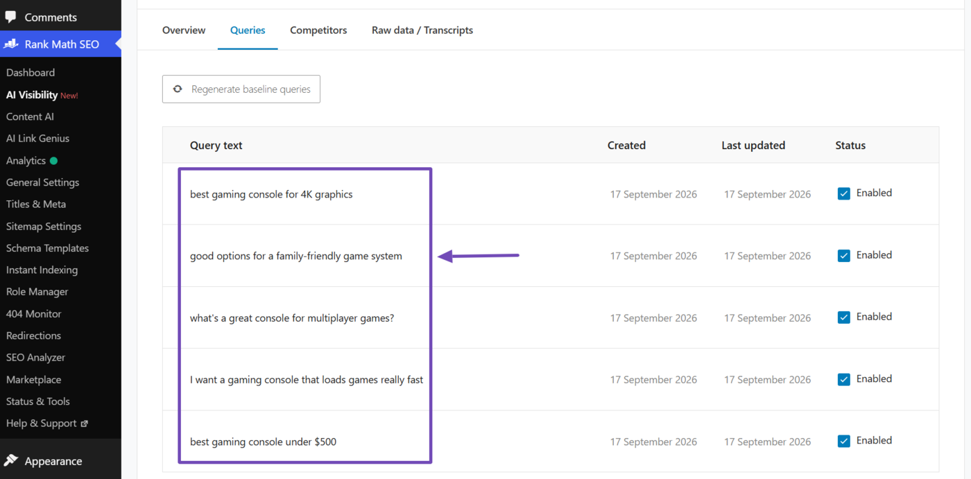 Overview of the queries being analyzed