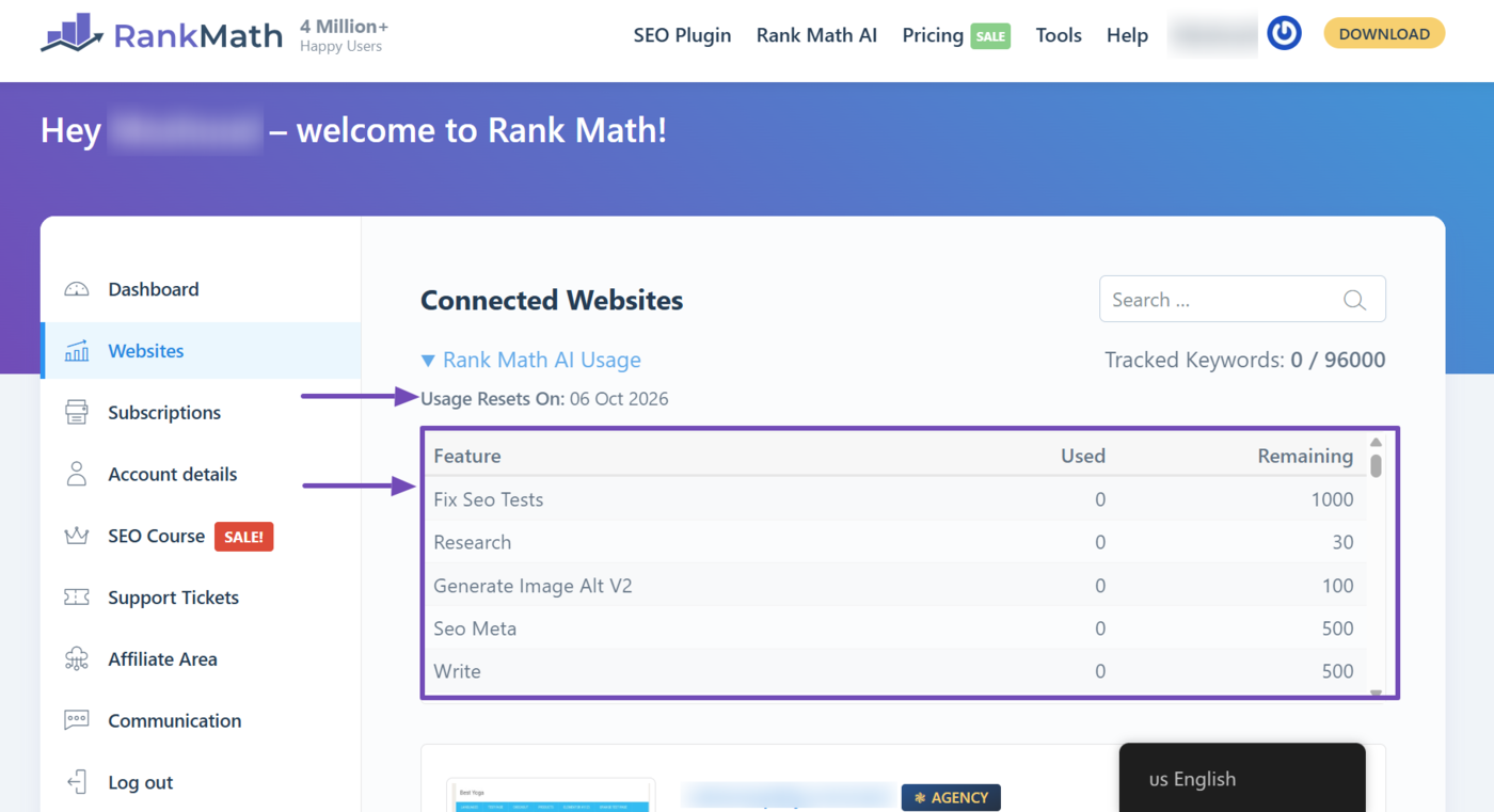 Sample of the consumed and maximum usage of your Rank Math AI plan