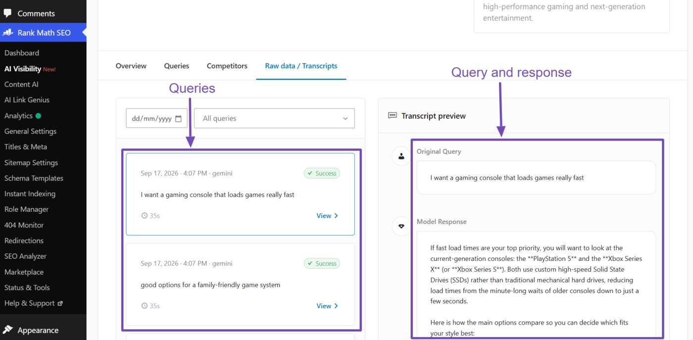 Sample of the queries and responses analyzed for Gemini