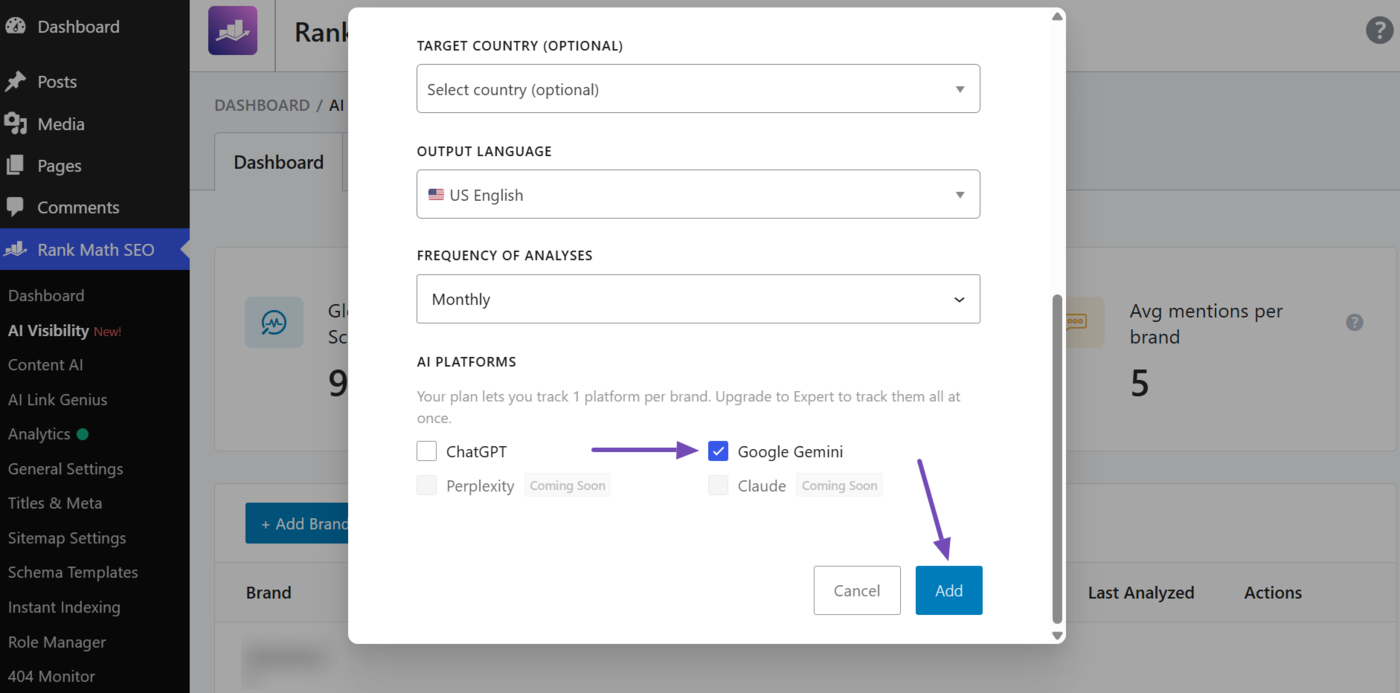 Select Gemini in the AI Platforms field