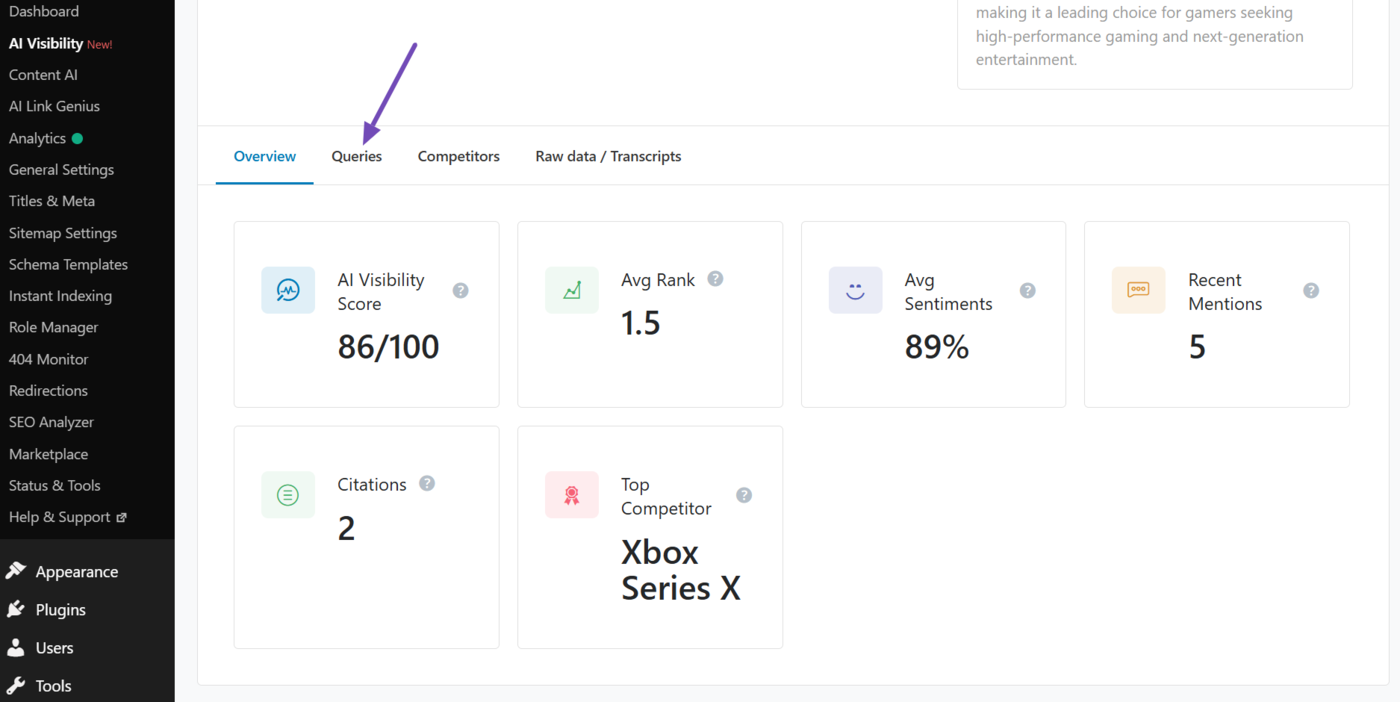 View the Queries tab to view the queries being analyzed