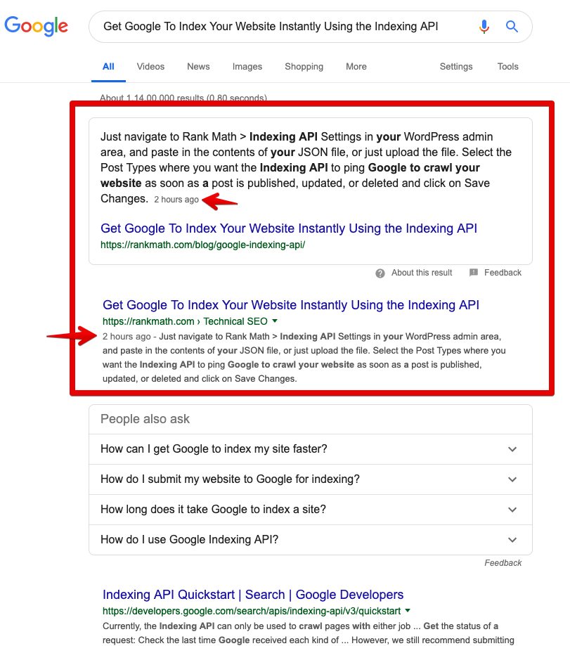 Google's Featured Snippet using Indexing API